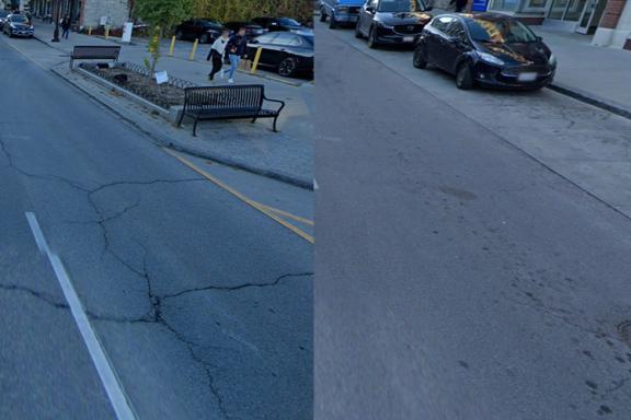 Deux sections différentes de la rue Princess, à Kingston. L’image de gauche montre une chaussée fissurée; l’image de droite montre une chaussée en bon état.